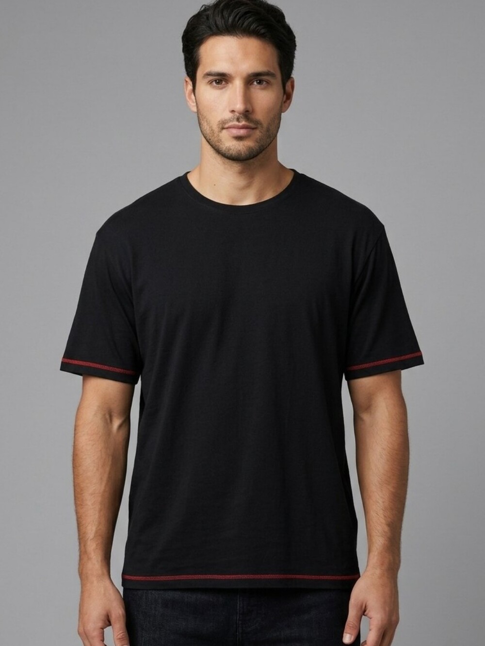 ​JM Men’s Black Short Sleeve T-Shirt with Red Stitch Detail, Loungewear, Size XL